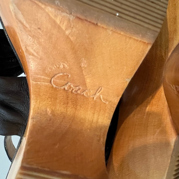 Coach Strappy Platform Sandal Black Leather Wood Wedge Clog Heel Size 10 READ - Picture 8 of 11
